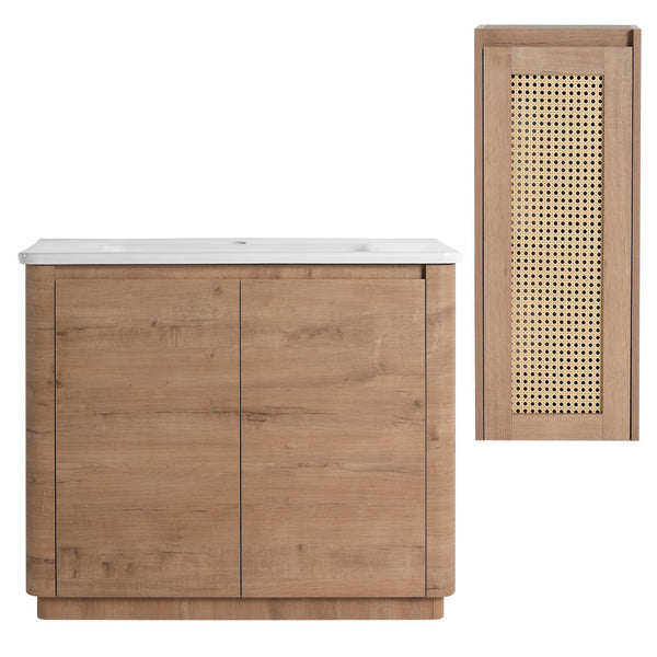 English Elm 40'' Freestanding Bathroom Vanity With Ceramic Sink, Soft-Close Doors & Side Cabinet For Stylish Storage W999S00404