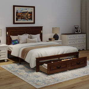 English Elm Queen Farmhouse Pinewood Storage Bed with Led Lighting Usb Charging and Panel Headboard Walnut W504P391016