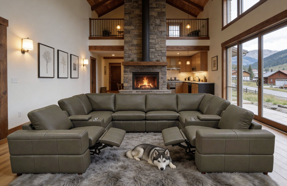 English Elm Premium Leather Match L-shaped Sectional with Dual Recliners and Built-in Console Olive Green B2748S00162