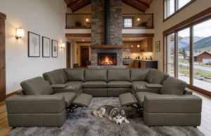 English Elm Premium Leather Match L-shaped Sectional with Dual Recliners and Built-in Console Olive Green B2748S00162