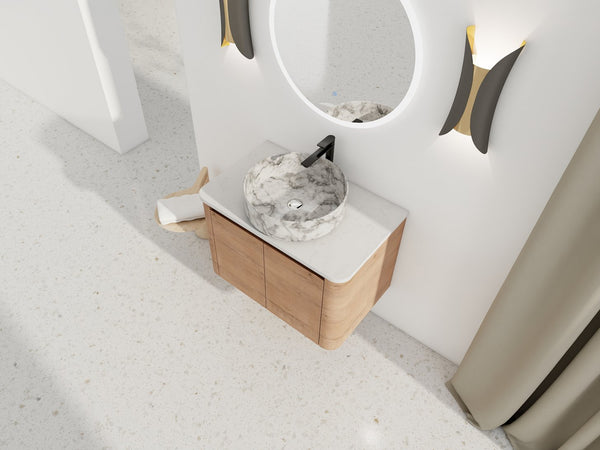 English Elm 30'' Wall-Mounted Bathroom Vanity With Elegant Ceramic Art Sink, Soft-Close Doors & Space-Saving Design W999S00390