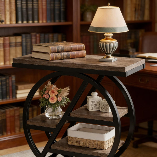 English Elm Bedside 4 Tier Open Shelf Table Matte Black Steel Frame Industrial Rustic Gray Top T3971P451289