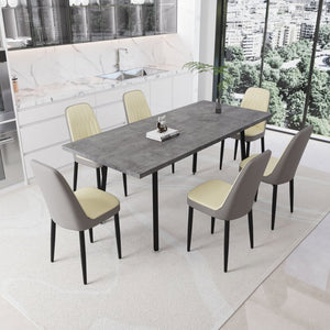 English Elm 55.12-70.87" Expandable Dining Set 7 Piece Industrial Mdf Table with Pu Upholstered Chairs Beige+Grey W2189S00912