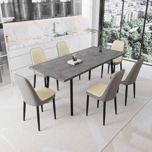 English Elm 55.12-70.87" Expandable Dining Set 7 Piece Industrial Mdf Table with Pu Upholstered Chairs Beige+Grey W2189S00912