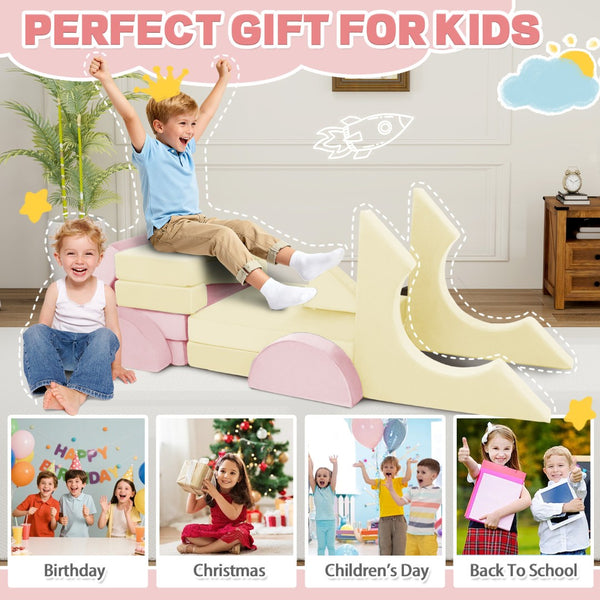 English Elm 14pcs Modular Foam Play Couch Set Convertible Toddler Fort Builder for Playrooms Pink+White T5880P493448