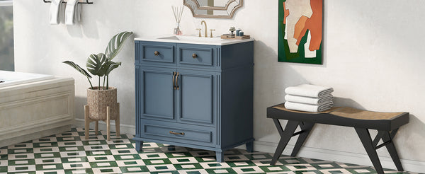 English Elm 30'' Bathroom Vanity with Sink - Retro Solid Wood Frame, Ceramic Basin, Soft-Close Doors & Ample Storage Blue N710P190656C