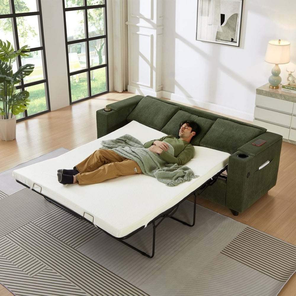 English Elm 81" Queen Sleeper Sofa with Pull Out Bed Storage Charging Ports and Cup Holders Green W3705S00042