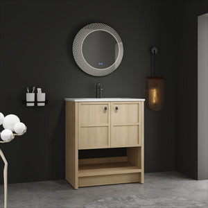 English Elm 30" Freestanding Bathroom Vanity with Ceramic Sink, Oak Plywood Finish, Soft-Closing Doors, Open Shelf W1972S00024