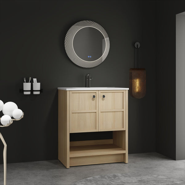 English Elm 30" Freestanding Bathroom Vanity with Ceramic Sink, Oak Plywood Finish, Soft-Closing Doors, Open Shelf W1972S00024