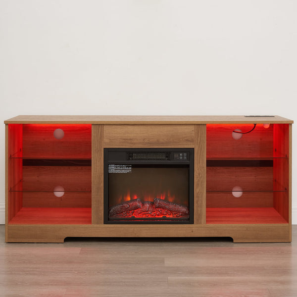English Elm TV LED Fireplace TV Stand with Bluetooth LED Lights, Remote, USB Charging & Ample Storage, 58" Oak W2275P257558