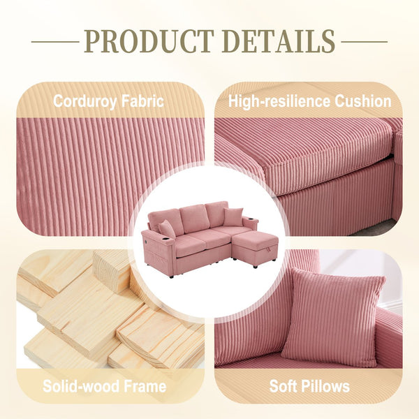 English Elm UNITED Corduroy L-Shaped Sectional Sofa with Storage Ottoman, USB Ports, Cup Holders & LED Lighting Pink W1568P332401