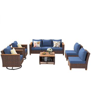 English Elm K&K 8-Piece Wicker Patio Set with 360° Swivel Rockers, Acacia Storage Table, Durable Cushions Blue+Brown N707S000016E