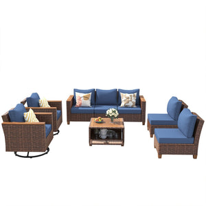 English Elm K&k 8 Piece Outdoor Wicker Sectional Set with Swivel Rockers and Acacia Storage Table Blue+Brown N707S005016E