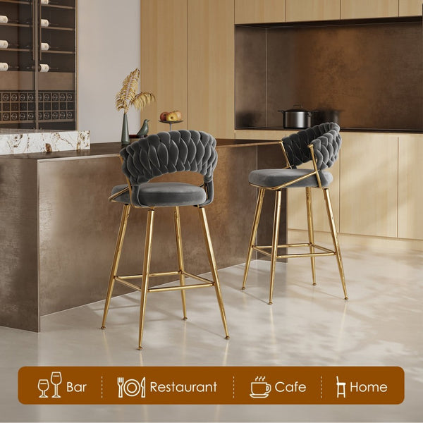 English Elm Counter Height Stools Set of 2 Mid-century Metal Legs Ergonomic Kitchen Island Seating Black T3623P430871
