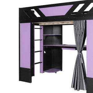 English Elm Full Size Loft Bed with Desk Blackout Curtains Rgb Lighting and Integrated Storage Purple+Black LT000377AAI