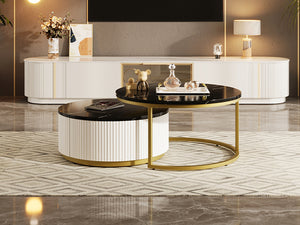 English Elm Modern Round Nesting Coffee Table Fluted with Drawer in Gold Finish — Elegant MDF Top, Space-Saving Design Black N735P254992B