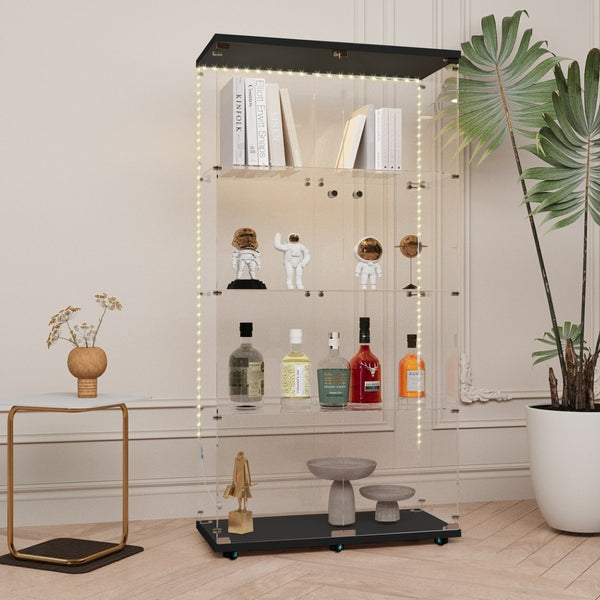 English Elm Tempered Glass Display Cabinet With Bluetooth Led Light Strip, Lockable, Mobile & Stylish For Any Room W3155S00005-GIGA