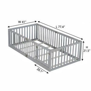 English Elm Twin Floor Bed Solid Rubber Wood with Tall Safety Railings for Toddler Sleep Grey W504P287651