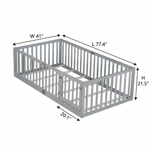 English Elm Twin House Frame Floor Bed Rubberwood with Roof Canopy and Safety Rails for Kids Grey W504P429537