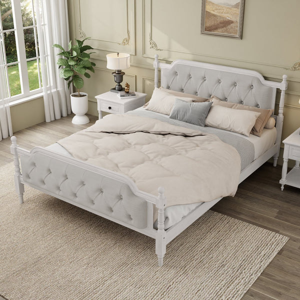 English Elm Traditional Solid Wood Bed Frame with Tufted Upholstered Headboard, No Box Spring Needed, Sturdy Support Antique White 83.1 L x 15.5 W x 5.1 H BS701P242647K