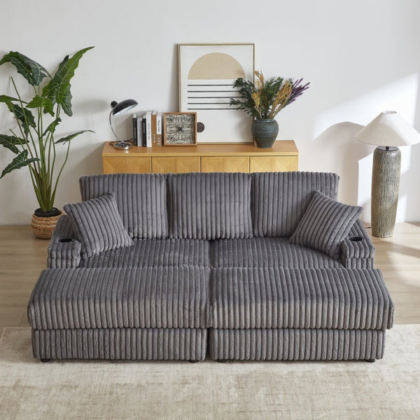 English Elm 84inch Corduroy Deep Seat Three Person Sofa with Storage Ottomans for Living Room Grey W834S00567