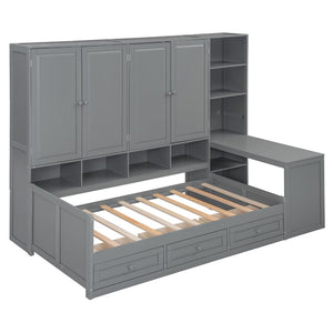 English Elm Twin Size Wooden Daybed With Integrated Desk, Storage Drawers, And Shelves - Stylish Gray Design! N820S00054E-GIGA