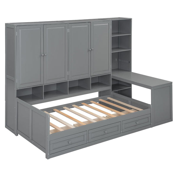 English Elm Twin Size Wooden Daybed With Integrated Desk, Storage Drawers, And Shelves - Stylish Gray Design! N820S00054E-GIGA