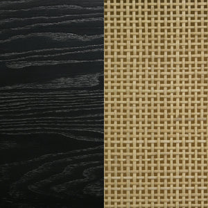 English Elm Benson Round Black End Table with Woven Rattan Shelf, Rubberwood & White Ash Veneer Accent, Sturdy Stylish 26" Surface B062P374115