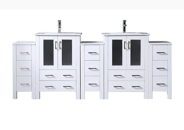 English Elm White Double Bath Vanity 84-inch with Side Cabinets, Scratch-Resist Ceramic Top, Faucets & Mirrors B2731S01218