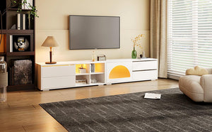 English Elm ON-TREND Modern TV Stand with Fluted Glass Door, Modular 94.4" Media Console with LED Lighting and Storage White N721P198932K