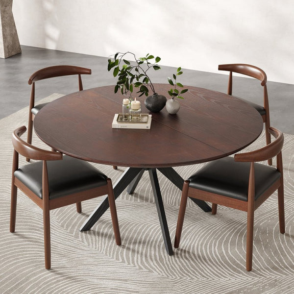 English Elm 47" Round Wood Dining Table Seats Six with Industrial Metal Base for Modern Homes Black + Dark Walnut T3623P437343