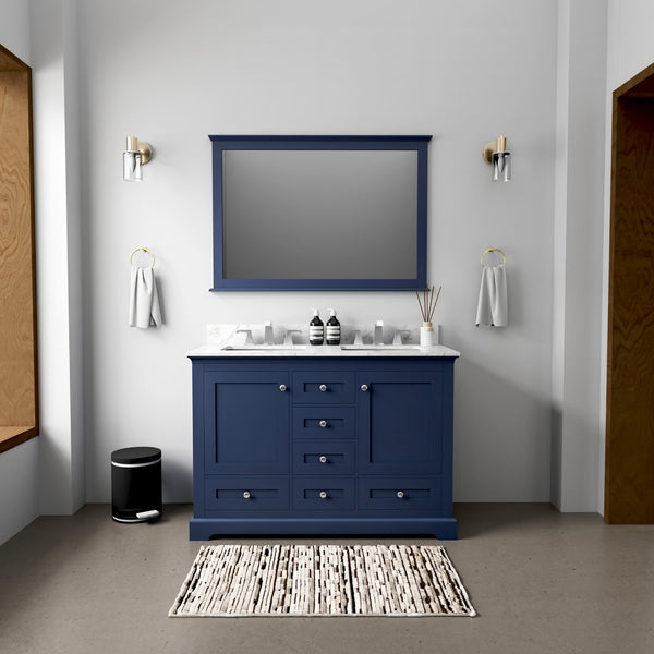 English Elm Navy Double Bath Vanity 48" W x 22" D — Solid Wood 2-Cabinet 6-Drawer Vanity, Soft-Close, Open Shelf, Fully Assembled B2731P258186