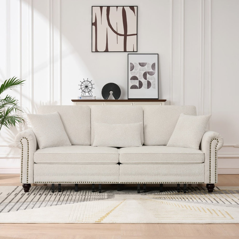 English Elm 86" Chenille Sleeper Sofa with Nailhead Rolled Arms Three Seat Convertible for Any Room Beige W3373S00087