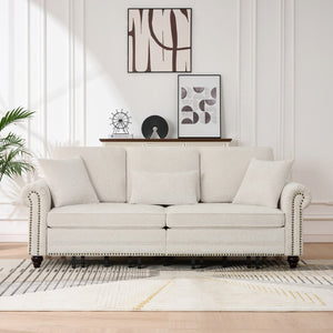 English Elm 86" Chenille Sleeper Sofa with Nailhead Rolled Arms Three Seat Convertible for Any Room Beige W3373S00087