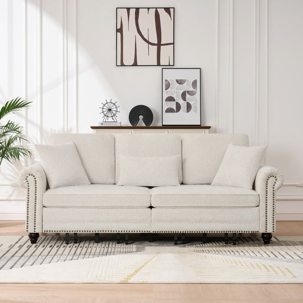 English Elm 86" Chenille Sleeper Sofa with Nailhead Rolled Arms Three Seat Convertible for Any Room Beige W3373S00087