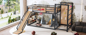 English Elm Twin Metal Loft Bed with Slide Basketball Hoop Climbing Wall and Built-in Shelves W1580S00631