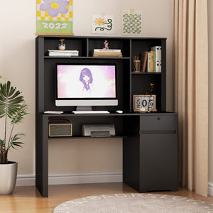 English Elm Computer Desk with Hutch Bookshelf Drawers and Built-in Power Strip for Home Office W1321S00043
