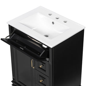 English Elm 24 Inch Freestanding Bathroom Vanity Solid Rubberwood Ceramic Sink Matte Finish Storage Black N725P375626B