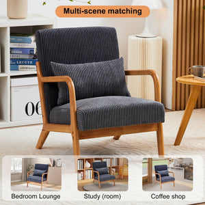 English Elm Mid-Century Ergonomic Accent Chair Antique Dark Grey Upholstered Reading Armchair with Pillow, Solid Wood Frame, Multi-Scene Comfort W2989P241943