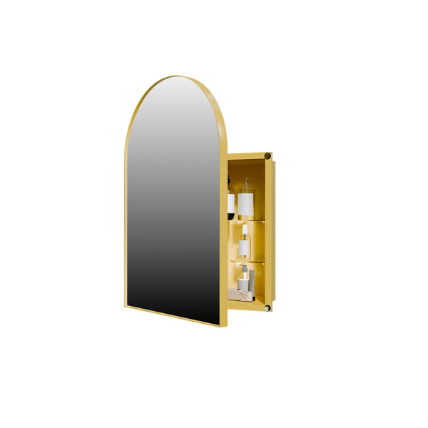 English Elm 18x24 Metal Corner Medicine Cabinet with Arched Mirror, Adjustable Glass Shelves, Moisture-Proof Organizer Golden W1435P312261