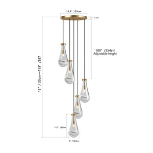English Elm 5 Modern 5-Light Cluster Pendant with Raindrop Glass & Adjustable Rope Cordset for High Ceilings Gold W2312P389955
