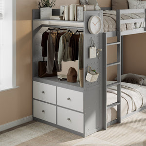 English Elm Twin Bunk Bed with Storage Drawers Hanging Rail Led Shelves and Pegboard Organizer Gray LT000282AAE