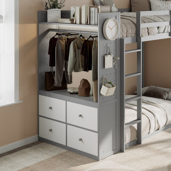 English Elm Twin Bunk Bed with Storage Drawers Hanging Rail Led Shelves and Pegboard Organizer Gray LT000282AAE