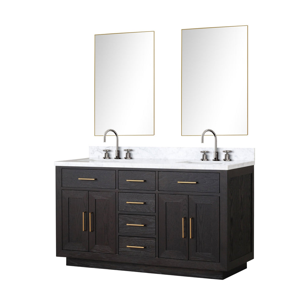 English Elm Black Oak Double Bath Vanity With Carrara Marble Top, Chrome Faucets & 28" Mirrors - Ready To Install! B2731S02172