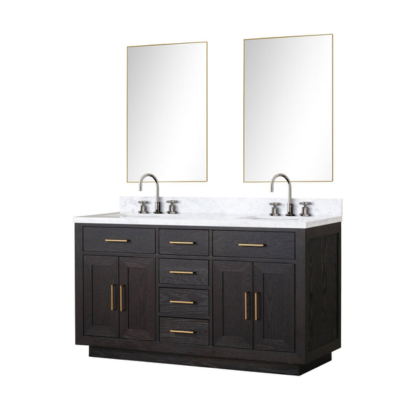English Elm Black Oak Double Bath Vanity With Carrara Marble Top, Chrome Faucets & 28" Mirrors - Ready To Install! B2731S02172