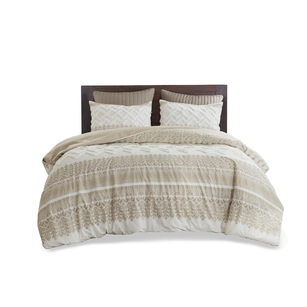 English Elm King/Cal King/Cal 3 Piece Mila Cotton Duvet Cover Set with Taupe Botanic Print, Chenille Chevron Tufting, OEKO-TEX Certified B035129139