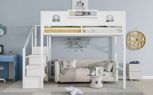 English Elm Queen Size Loft Bed With House-Shaped Guardrails, Stairs & Wardrobe - Perfect For Kids & Teens! W2593S00038-GIGA