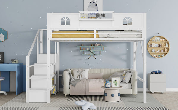 English Elm Queen Size Loft Bed With House-Shaped Guardrails, Stairs & Wardrobe - Perfect For Kids & Teens! W2593S00038-GIGA
