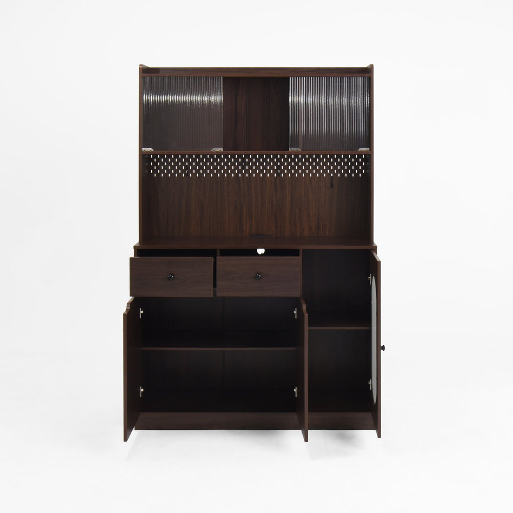 English Elm 71"Tall Walnut Kitchen Pantry Cabinet with Reeded Glass Doors, Microwave Stand, Pegboard Hooks, Large Storage W409P171380