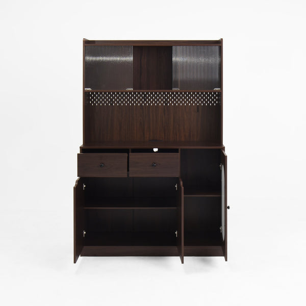 English Elm 71"Tall Walnut Kitchen Pantry Cabinet with Reeded Glass Doors, Microwave Stand, Pegboard Hooks, Large Storage W409P171380